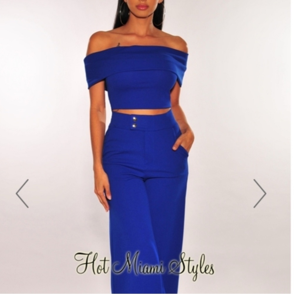 Hot Miami Styles Royal Blue Off-Shoulder top and pants